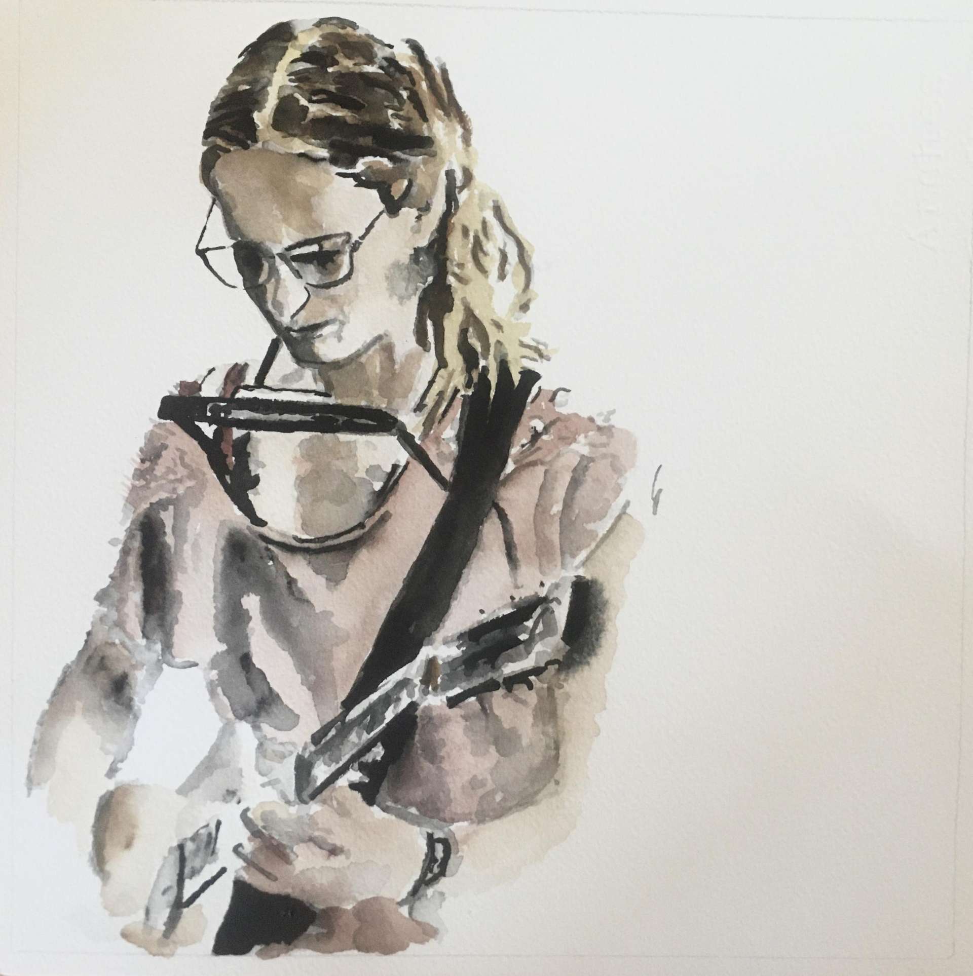 Aquarelle de Juju Vagabond avec sa guitare