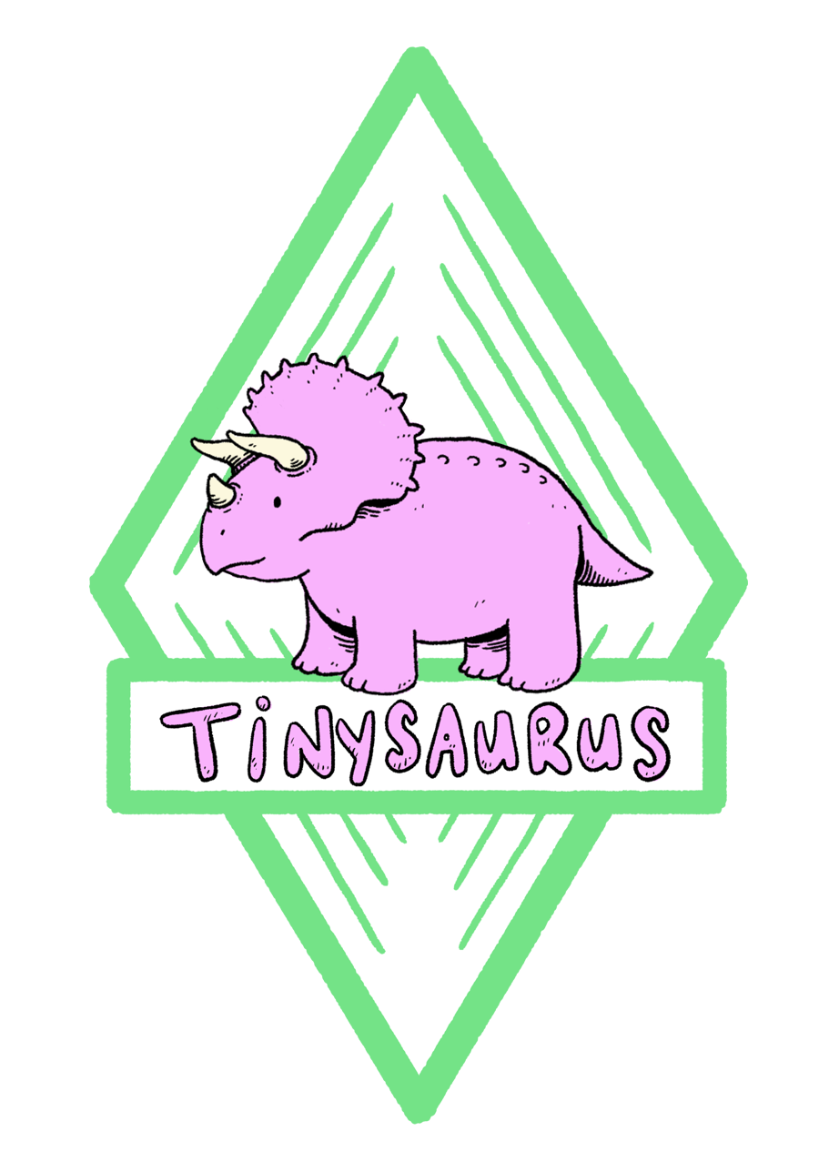 Logo du groupe Tinysaurus. Tricératops rose sur losange vert.